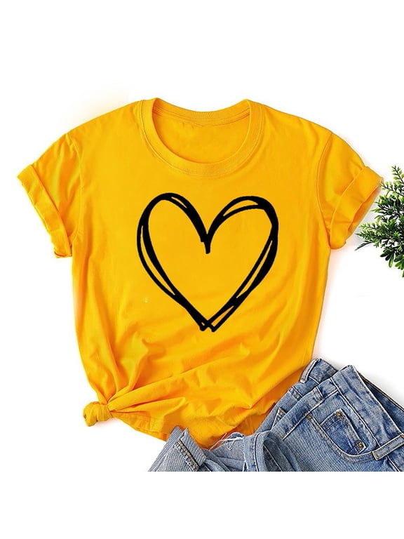 Summer Tops for Womens,Fashion Women Valentine's Day Print Short Sleeve T-shirt Graphic Tops Orange XL