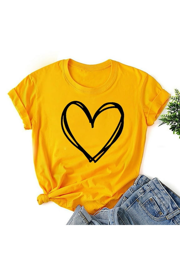 Summer Tops for Womens,Fashion Women Valentine's Day Print Short Sleeve T-shirt Graphic Tops Orange XL
