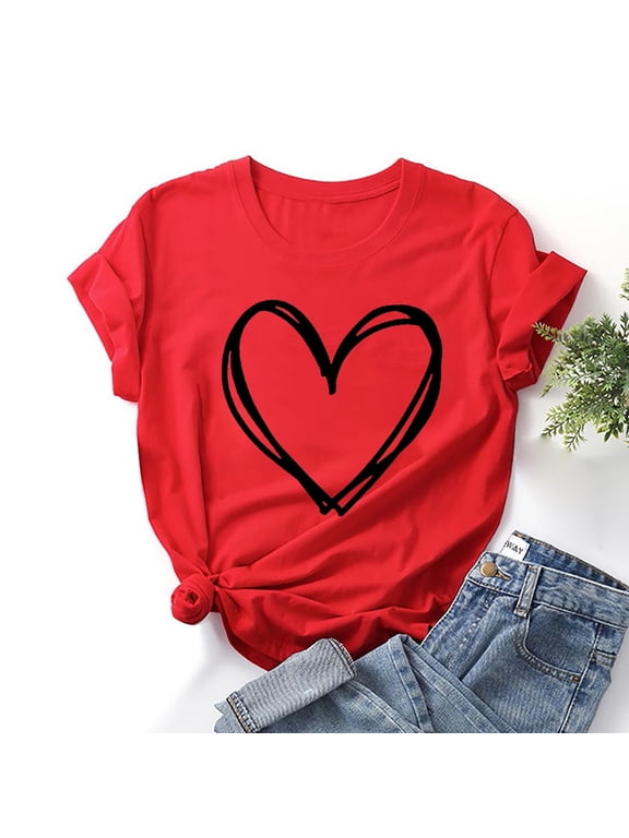 loopsun Summer Tops for Womens,Fashion Women Valentine's Day Print Short Sleeve T-shirt Graphic Tops Red XXXL