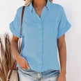 thumbnail image 1 of loopsun Summer Tops for Womens,Ladies Solid Color Cotton And Linen Shirt Short Sleeve Lapel Button Top Light blue L, 1 of 6