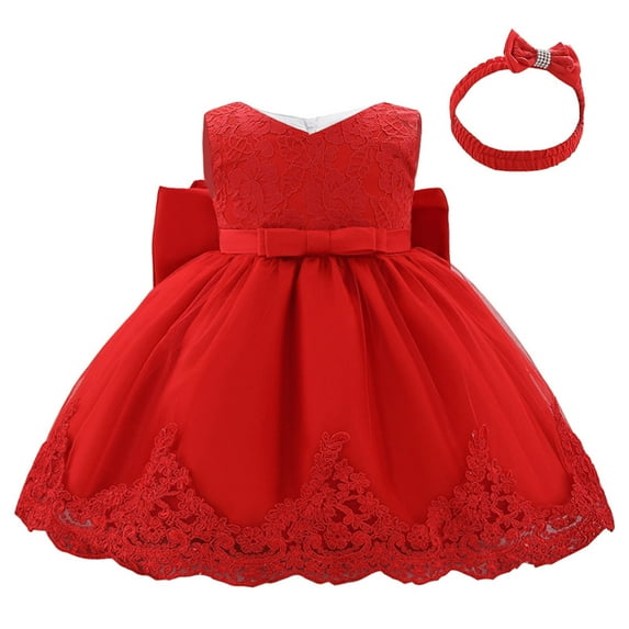 loopsun Toddler Girls Net Yarn Embroidery Rhinestone Bowknot Birthday Party Gown Long Dresses Headband Suit Red 24Months