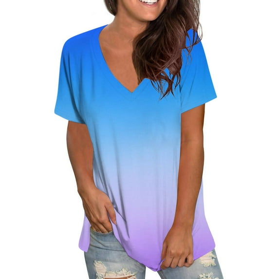 loopsun Womens Tops,Womens Plus Size Tops,Fashion Women's Summer V-Neck Short Sleeve Print Casual T-shirt Blouse Purple M