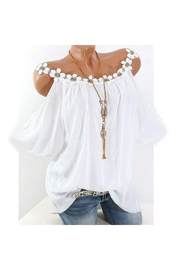 Womens Tops,Womens Plus Size Tops,Plus Size Women Applique Collar Round Neck Flower Solid Tops Strapless Cold Shoulder T-Shirt Blouse White L