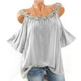 thumbnail image 1 of loopsun Womens Tops,Womens Plus Size Tops,Plus Size Women Applique Collar Round Neck Flower Solid Tops Strapless Cold Shoulder T-Shirt Blouse Gray L, 1 of 3