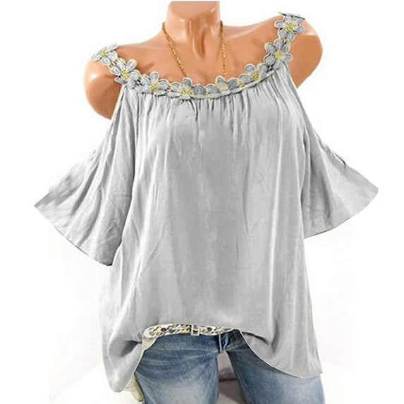 loopsun Womens Tops,Womens Plus Size Tops,Plus Size Women Applique Collar Round Neck Flower Solid Tops Strapless Cold Shoulder T-Shirt Blouse Gray L