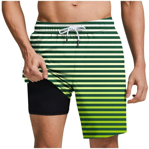 Chiccall Mens Striped Shorts Casual Fashion Hawaiian Elastic Waist Drawstring Summer Beach Swim Trunks Green