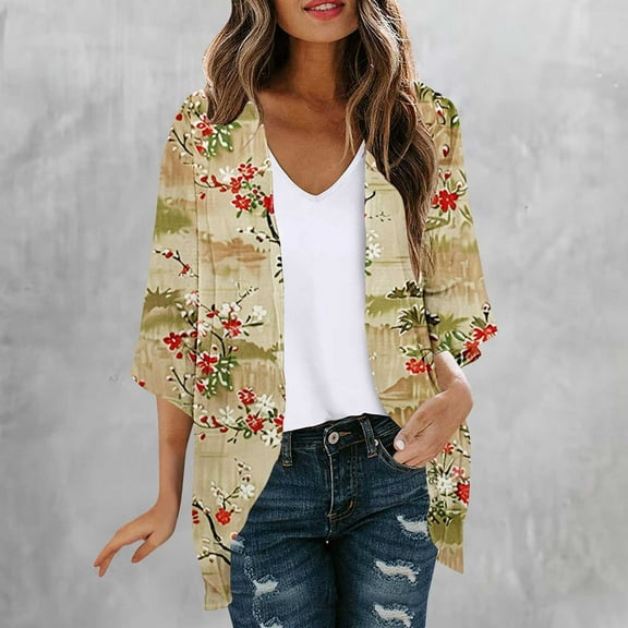 3/4 Sleeve Cardigan for Women Horkkom Summer Casual Lightweight Kimonos Floral Print Puff Sleeve Open Front Cover Up Yellow S