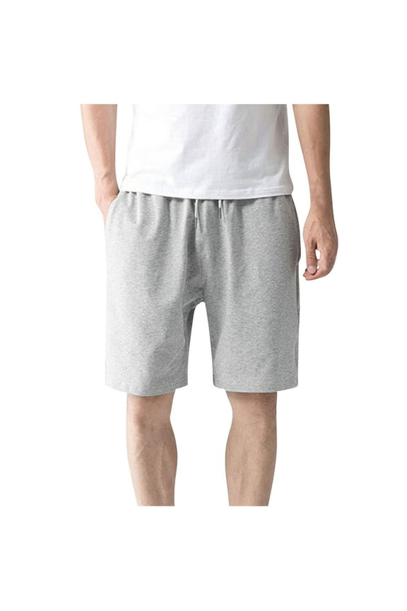 Mens Cotton Running Shorts Solid Elastic Waist Drawstring Muliti-Pockets Lounge Sweat Shorts Gray ①