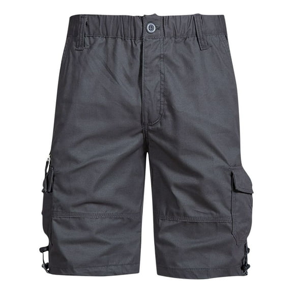 Chiccall Mens Casual Cotton Shorts with Multi Botton Pockets Summer Solid Fashion Elastic Waist Cargo Shorts Gray