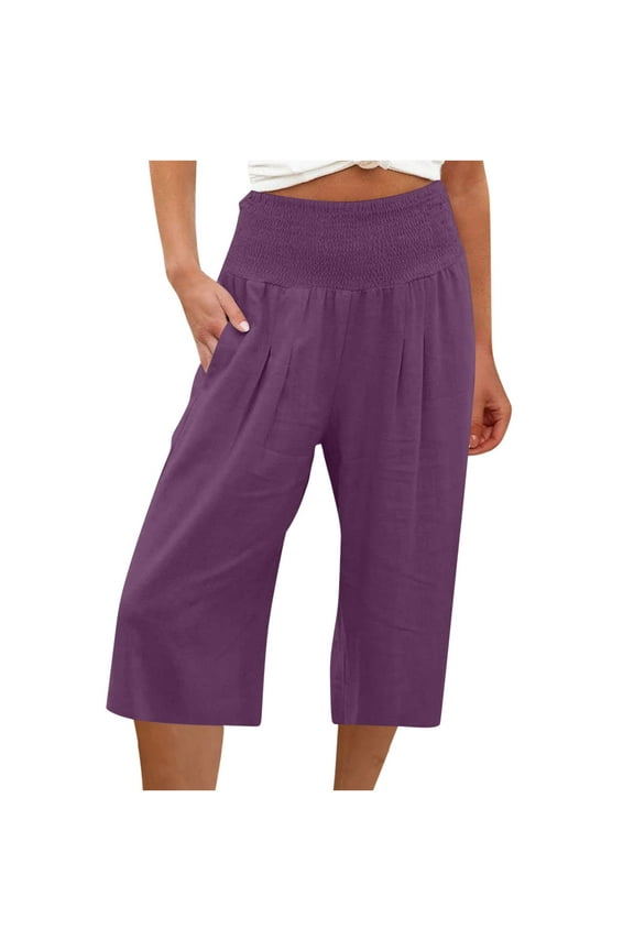 Capri Pants for Women Casual Summer Cotton Linen Pants Loose Elastic Waist Capris Trousers Wide Leg Cropped Pants Purple