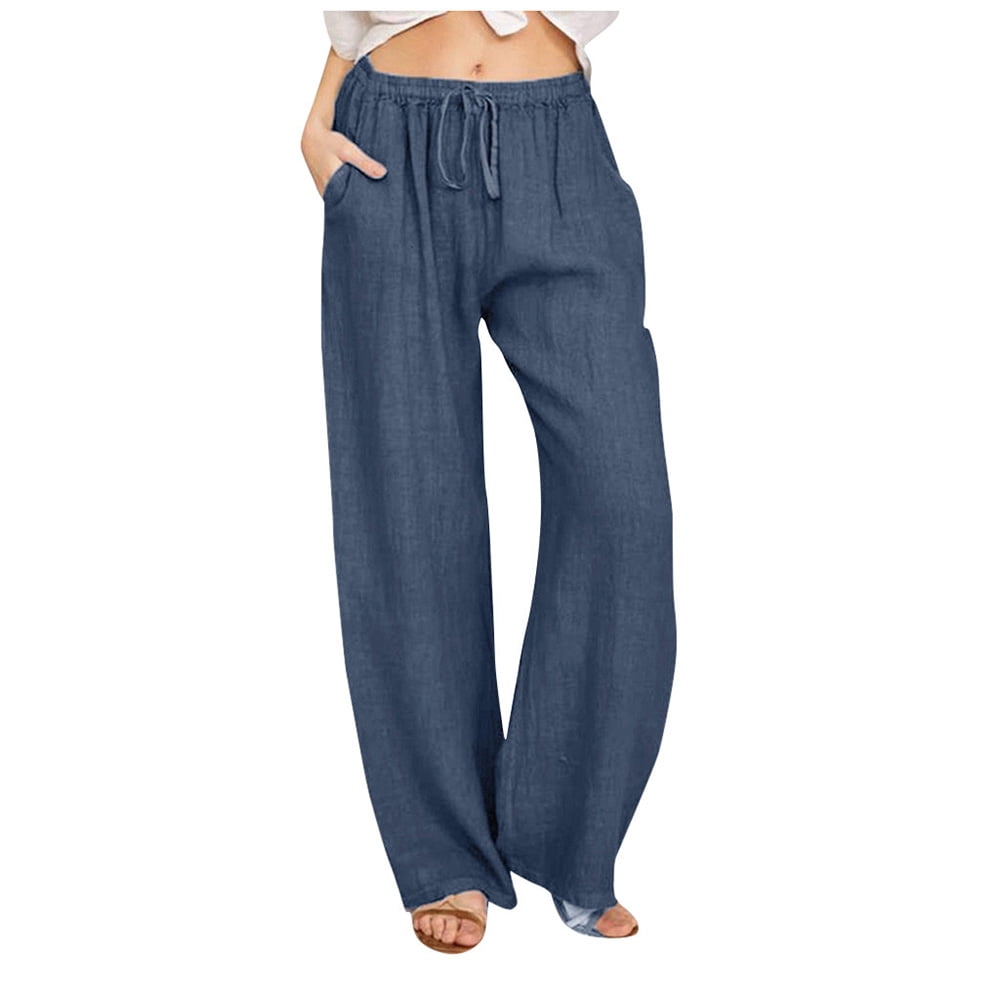 Summer Savings Clearance! AKAFMK Linen Pants for Women Casual Solid Cotton  Linen Drawstring Elastic Waist Long Wide Leg Pants, Blue, XXXL 