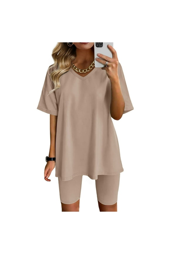 AKAFMK Lounge Sets for Women,Womens 2 Piece Outfits Lounge Matching Sets Two Piece Oversized T-Shirt Tops Biker Shorts Workout Sports Tracksuit Trendy Clothes Summer