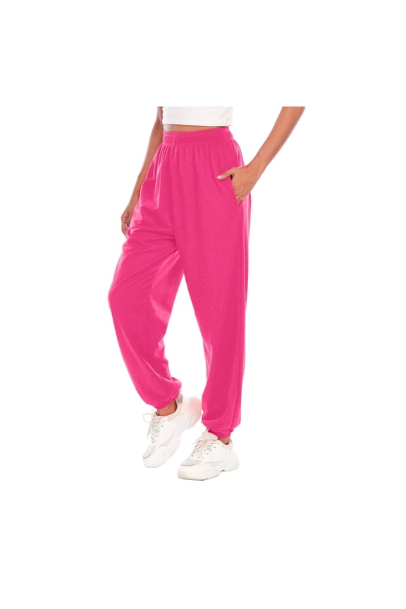 Womens Drawstring Elastic Waist Sports Lounge Pants with Pockets Hot Pink