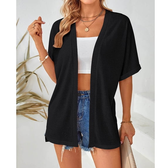 AXXD Black Cover Up for Swimsuits Women Spring And Summer Short SleevesＶ-NeckSolid Color Casual Cardigan Solid Color Cover Up