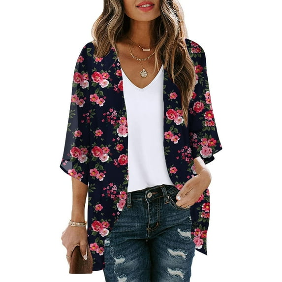 Summer Savings Clearance AXXD Womens Swimwear Cover Ups Swimsuits Floral Print Puff Sleeve Kimono Cardigan Loose Chiffon Cover Up Tops