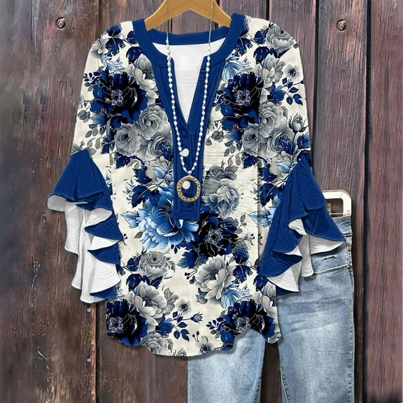 Abomasnow 2025 Tops for Women Trendy Boho Floral Print 3/4 Ruffle Sleeve T-Shirts Casual Button Down V Neck Tunic Blouses