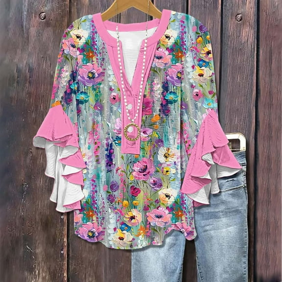 Abomasnow 2025 Tops for Women Trendy Boho Floral Print 3/4 Ruffle Sleeve T-Shirts Casual Button Down V Neck Tunic Blouses