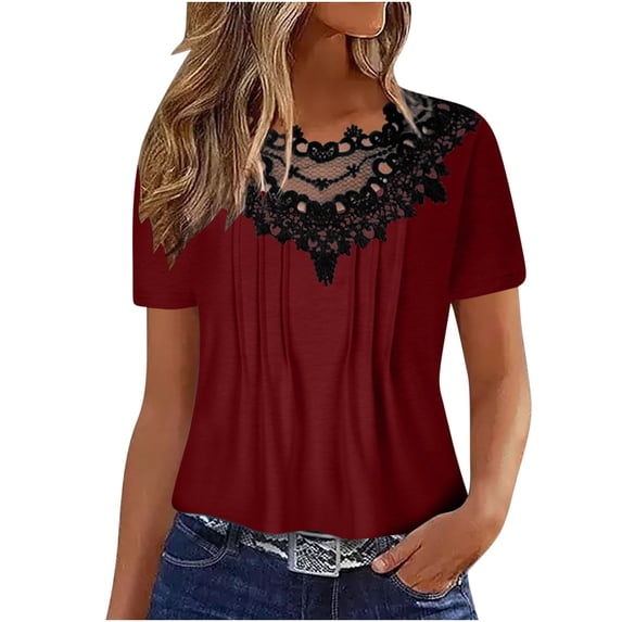 Ahdbta Summer Tops for Women Dressy Casual Lace V-Neck Short Sleeve Shirts Trendy Comfy Pleated Blouse T-Shirt Tops