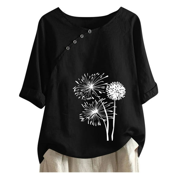 Ahdbta Women's 3/4 Sleeve Cotton Linen Blouses Plus Size Summer Tops Vintage Dandelion Print T-Shirt Loose Button Tunic Shirt for Womens Blouses