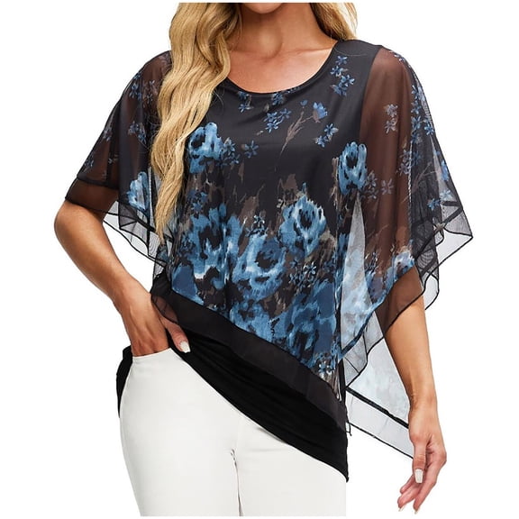 Ahdbta Women's Elegant Mesh Blouses Flowy Poncho Tops Dressy Casual Shirts Women's Short Sleeve Scoop Neck Blouses Shirts Business Work Tops