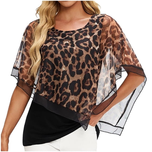 Ahdbta Women's Elegant Mesh Blouses Flowy Poncho Tops Dressy Casual Shirts Women's Short Sleeve Scoop Neck Blouses Shirts Business Work Tops
