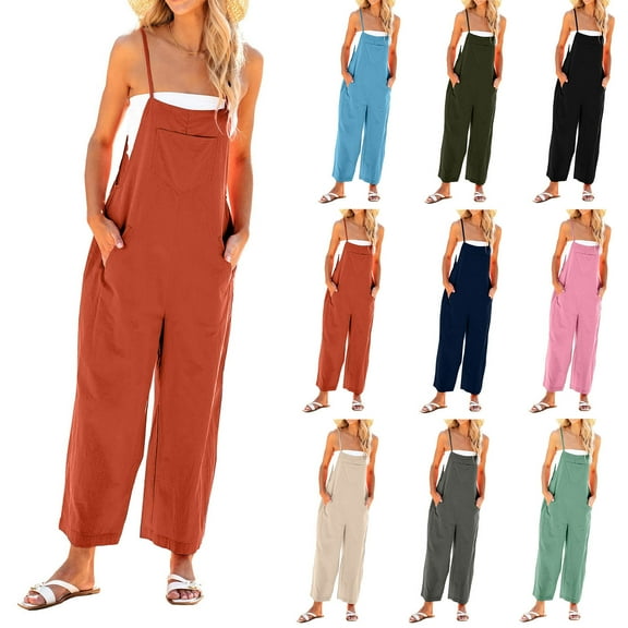 Akafmk Plus Size Jumpsuits for Women Summer,Casual Rompers for Women,Fashion Solid V Neck Sleeveless Belted High Waist Long Pants Rompers Loose Fitting Overalls