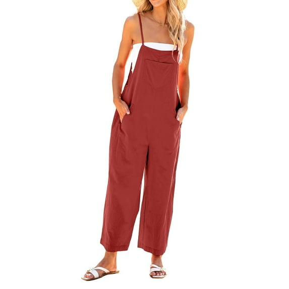 Akafmk Plus Size Jumpsuits for Women Summer,Casual Rompers for Women,Fashion Solid V Neck Sleeveless Belted High Waist Long Pants Rompers Loose Fitting Overalls