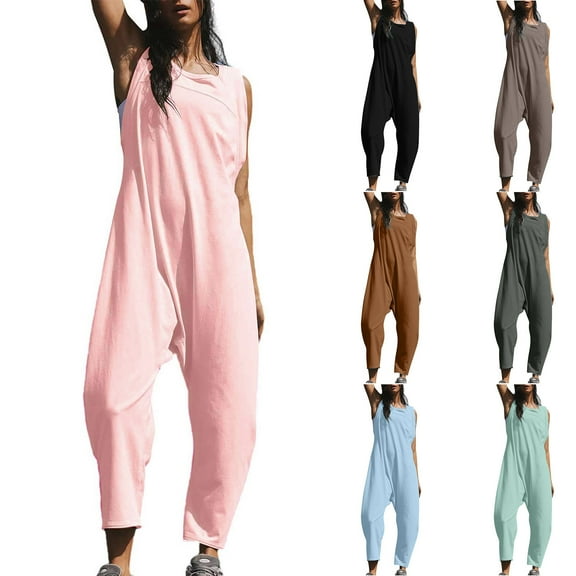 Akafmk Plus Size Jumpsuits for Women Summer, Casual Rompers for Women, Solid High Waist Wide Leg Jumpsuit Blackless Jumpsuit Loose Fitting Overalls