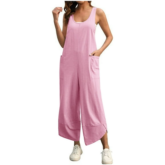 Akafmk Plus Size Jumpsuits for Women Summer,Casual Rompers for Women,Women's Sleeveless Loose Overalls Rompers Cotton Linen Wide Leg Jumpsuits Loose Fitting Overalls