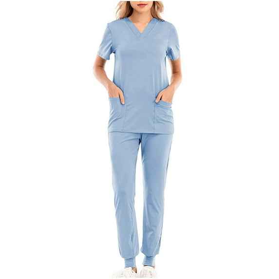 Aofany Scrubs for Women Set Casual Nursing Uniform Scrub Set Short-Sleeved V-Neck Solid Color Outfits with Pockets