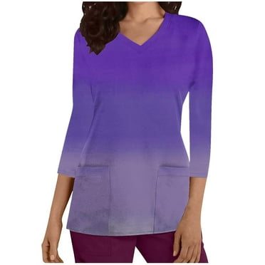 Summer Savings Clearance! Aofany Women Nursing Scrub Tops Gradient Printed Working Uniform V Neck 3/4 Sleeve Workwear Blouse T-shirt with Pockets