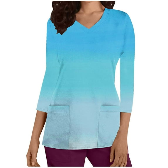 Aofany Women Nursing Scrub Tops Gradient Printed Working Uniform V Neck 3/4 Sleeve Workwear Blouse T-shirt with Pockets