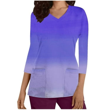 Summer Savings Clearance! Aofany Women Nursing Scrub Tops Gradient Printed Working Uniform V Neck 3/4 Sleeve Workwear Blouse T-shirt with Pockets