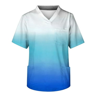 Summer Savings Clearance! Aofany Women Nursing Scrub Tops Gradient Printed Working Uniform V Neck Short Sleeve Workwear Blouse T-shirt with Pockets