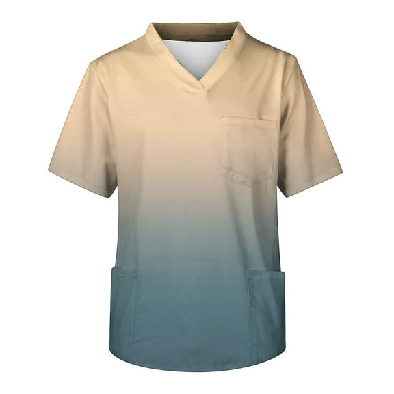 Aofany Women Nursing Scrub Tops Gradient Printed Working Uniform V Neck Short Sleeve Workwear Blouse T-shirt with Pockets