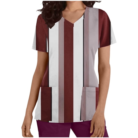 Aofany Women Nursing Scrub Tops Stripes Printed Working Uniform V Neck Short Sleeve Workwear Blouse T-shirt with Pockets