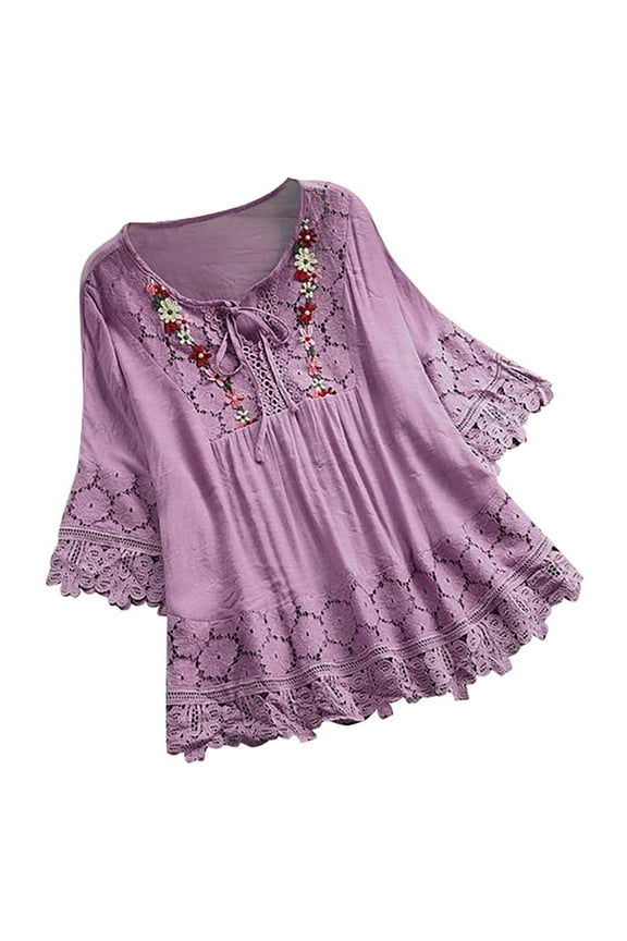 3/4 Sleeve Blouse for Women Floral Crewneck Tops Hobo Lace Crochet Loose Comfy Shirts In Summer Purple L