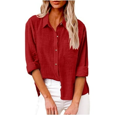 Summer Savings Clearance! Atogsazn Button Up Shirt for Women Cotton Linen 3/4 Sleeve V Neck Dress Shirts Casual Loose Roll Up Work Blouse Tops Red L