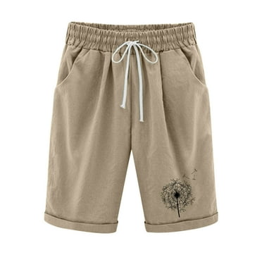 Summer Savings Clearance! Atogsazn Plus Size Bermuda Shorts for Women Elastic Waist Knee Length Workout Shorts Casual Linen Shorts With Drawstring&Pockets Biker Shorts Khaki M