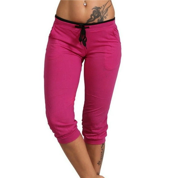 Atogsazn Women's Capri Pants Cropped Joggers with Pockets Elastic Waist Drawstring Capri Sweatpants Athletic Shorts Pink XL
