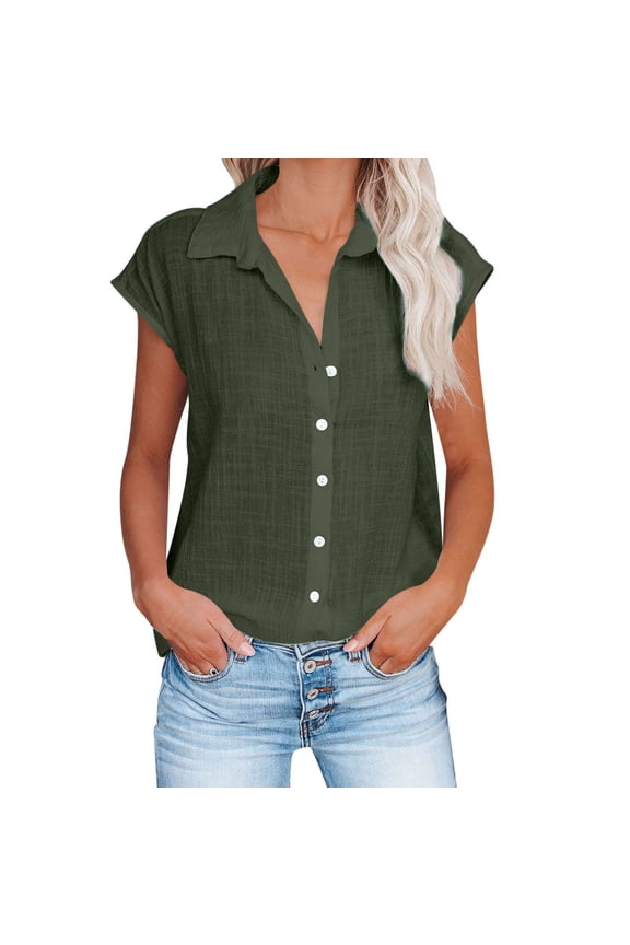 Women's Cotton Linen Button Up Shirts Short Sleeve Turndown Callor Tops Casual Loose Comzy Blouses Army Green XL
