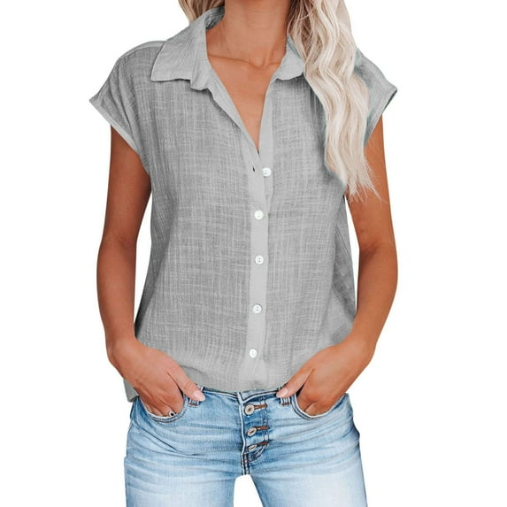 Atogsazn Women's Cotton Linen Button Up Shirts Short Sleeve Turndown Callor Tops Casual Loose Comzy Blouses Gray XXXL