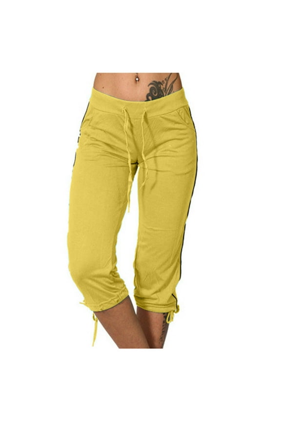 Women's Sweatpants Capri Pants Cropped Jogger Running Shorts Lounge Loose Drawstring Waist with Pockets B-Yellow XXL