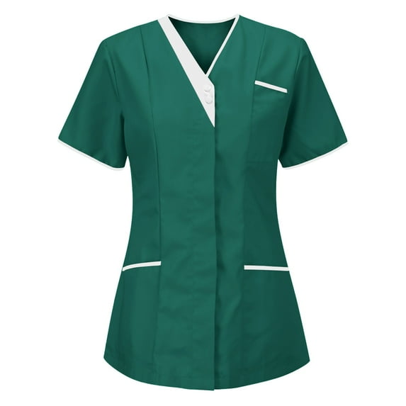 Summer Savings Clearance! Atogsazn Womens Scrub Tops with Two Pocket Nursing Uniforms Blouse Modern Short Sleeve V-Neck Work Tops Green M