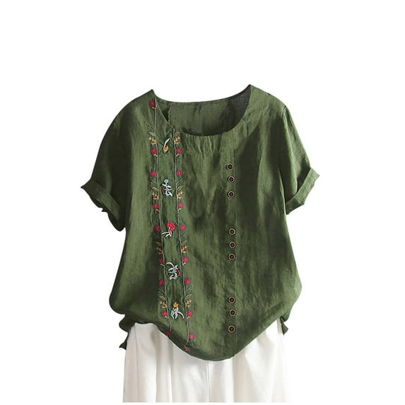 Summer Savings Clearance! Atogsazn Womens Tops Dressy Casual Printed Button Cotton Linen Blouse Plus Size Crew Neck Short Sleeve Shirts A Green XXXXL