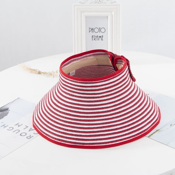 Axiiglly Visor Hats for Women Wide Brim Straw Hat Striped Empty Top Packable Roll Up Outdoor Sports Sun Hats Floppy Sun Protection Casual Holiday Beach Hat
