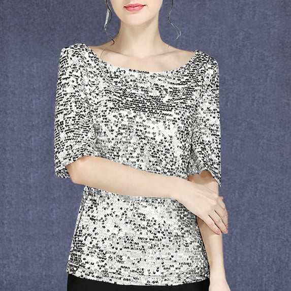 Summer Savings Clearance! Axiiglly Women's Plus Size Sparkle Sequins Tops Short Sleeve Round Neck Holiday Cocktail Party Casual Tops Blouse Shirt S-5XL