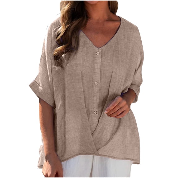 Summer Savings Clearance Blouse Xihbxyly Shirts for Women Trendy, Womens V-Neck Long Sleeve Loose Button Cotton and Linen Tunic Shirts Summer Shirts Khaki L # Outlets Clearance