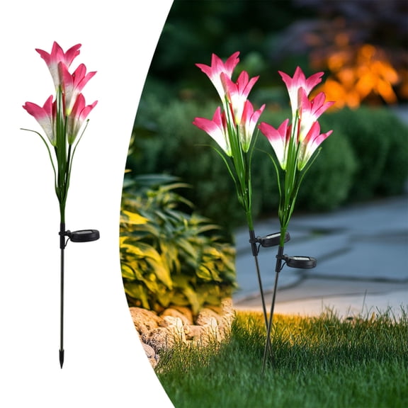 Summer Savings Clearance! Boovnll Solar Flowers Outdoor Water Proof, 2 Pack Artificial Lilys Bouquet Outdoor Solar Lights, Solar Flowers for Outdoor Garden Yard Patio Decor, Solar Garden Lights