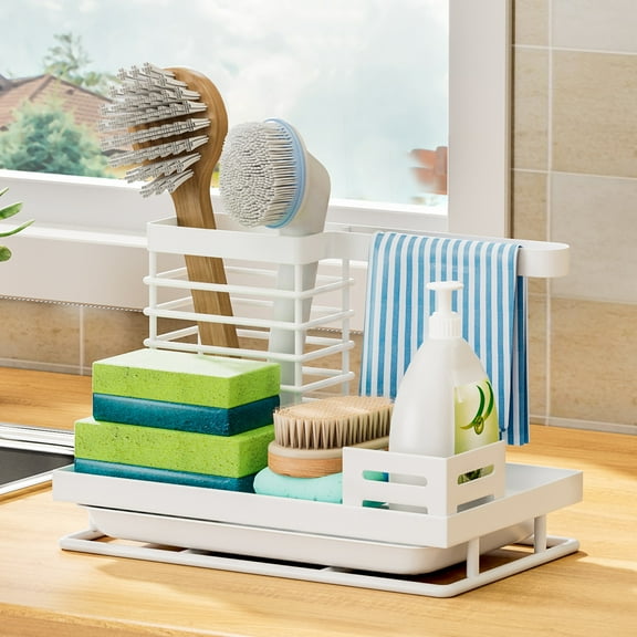 Summer Savings Clearance! Boovnll Sponge Holder for Kitchen Sink, Rustproof Metal Kitchen Gadgets Sink Caddy with for Draining Tray Kitchen, Bathroom, Sponge, Soap, Dish Brush, Kitchen Sink Organizer